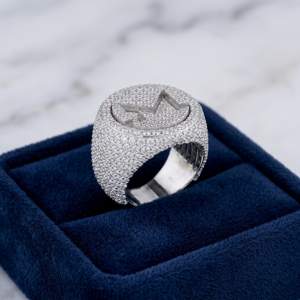 custom initial letter iced-out ring – micro pave setting by finora jewelry