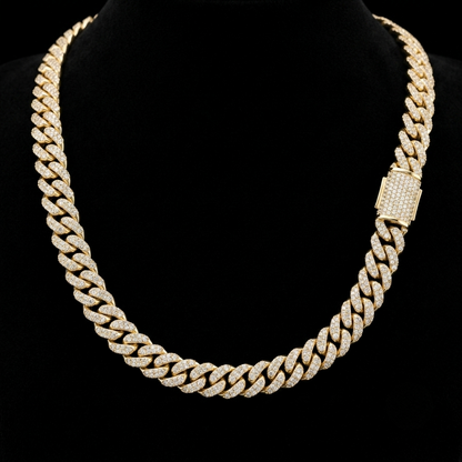 12mm Moissanite Yellow Gold Miami Cuban Link Chain - Classic Iced Out Neck Chain