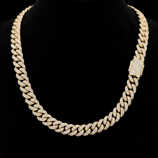 12mm Moissanite Yellow Gold Miami Cuban Link Chain - Classic Iced Out Neck Chain