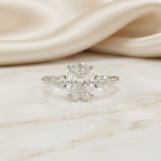 1.67 CT Oval Cut Moissanite Three Stone Engagement Ring with Pear Side Stones | 925 Silver & 10K/14K Gold | Finora Jewelry