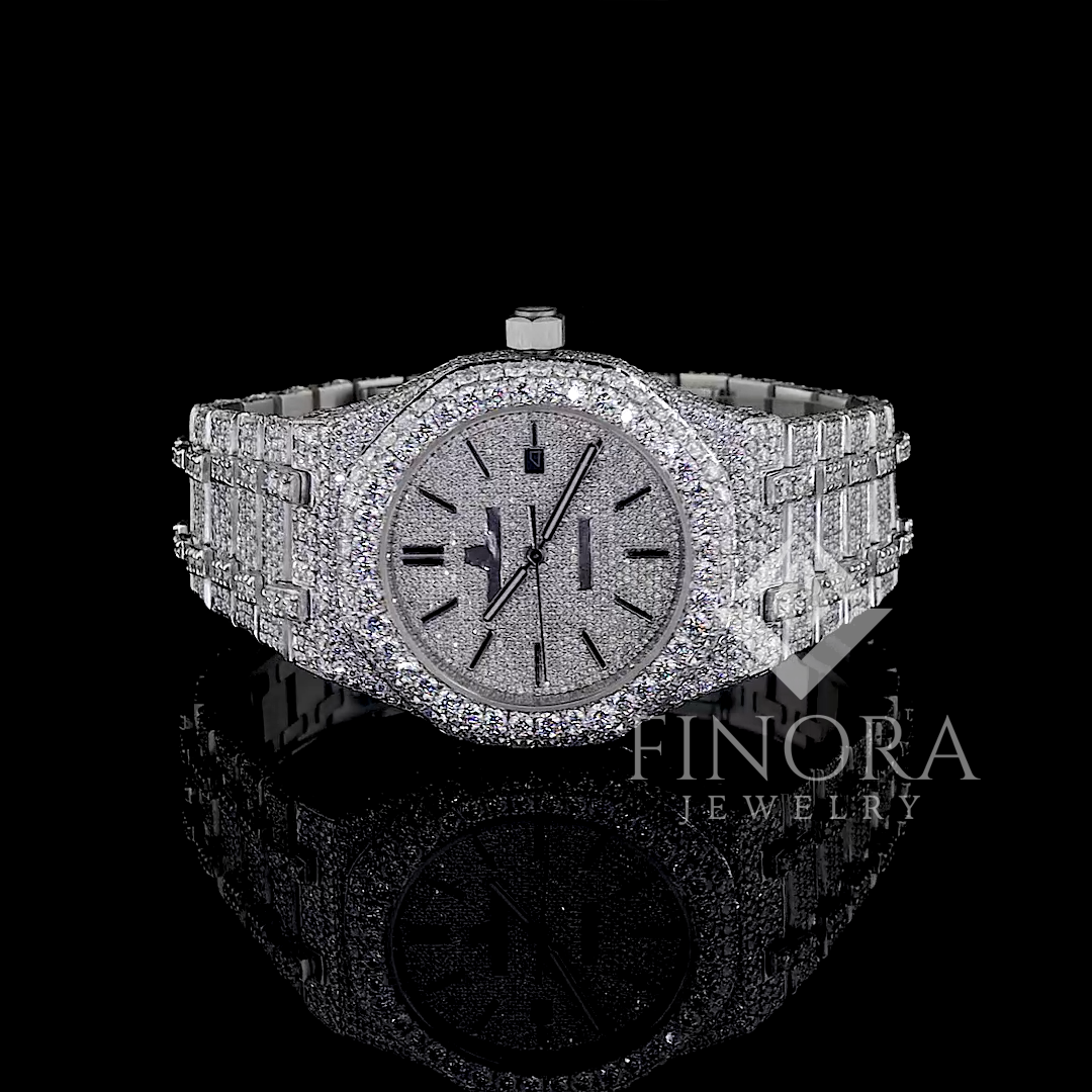 41mm white gold plated fully iced hex bezel moissanite watch with pave dial, stick markers & date display