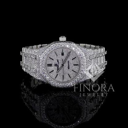 41MM White Gold Plated Fully Iced Hex Bezel Moissanite Watch with Pave Dial, Stick Markers & Date Display
