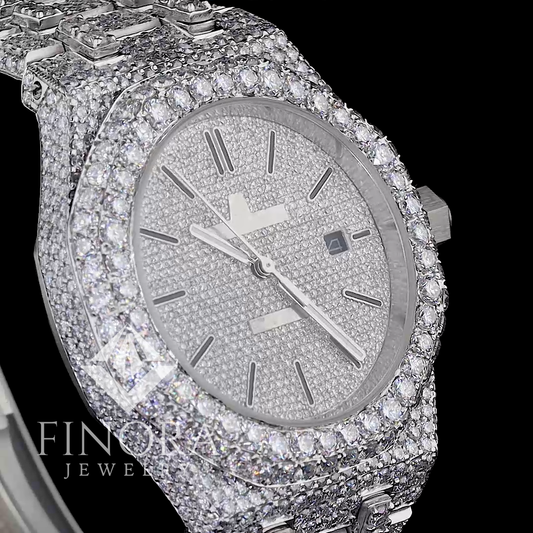 41MM White Gold Plated Fully Iced Hex Bezel Moissanite Watch with Pave Dial, Stick Markers & Date Display