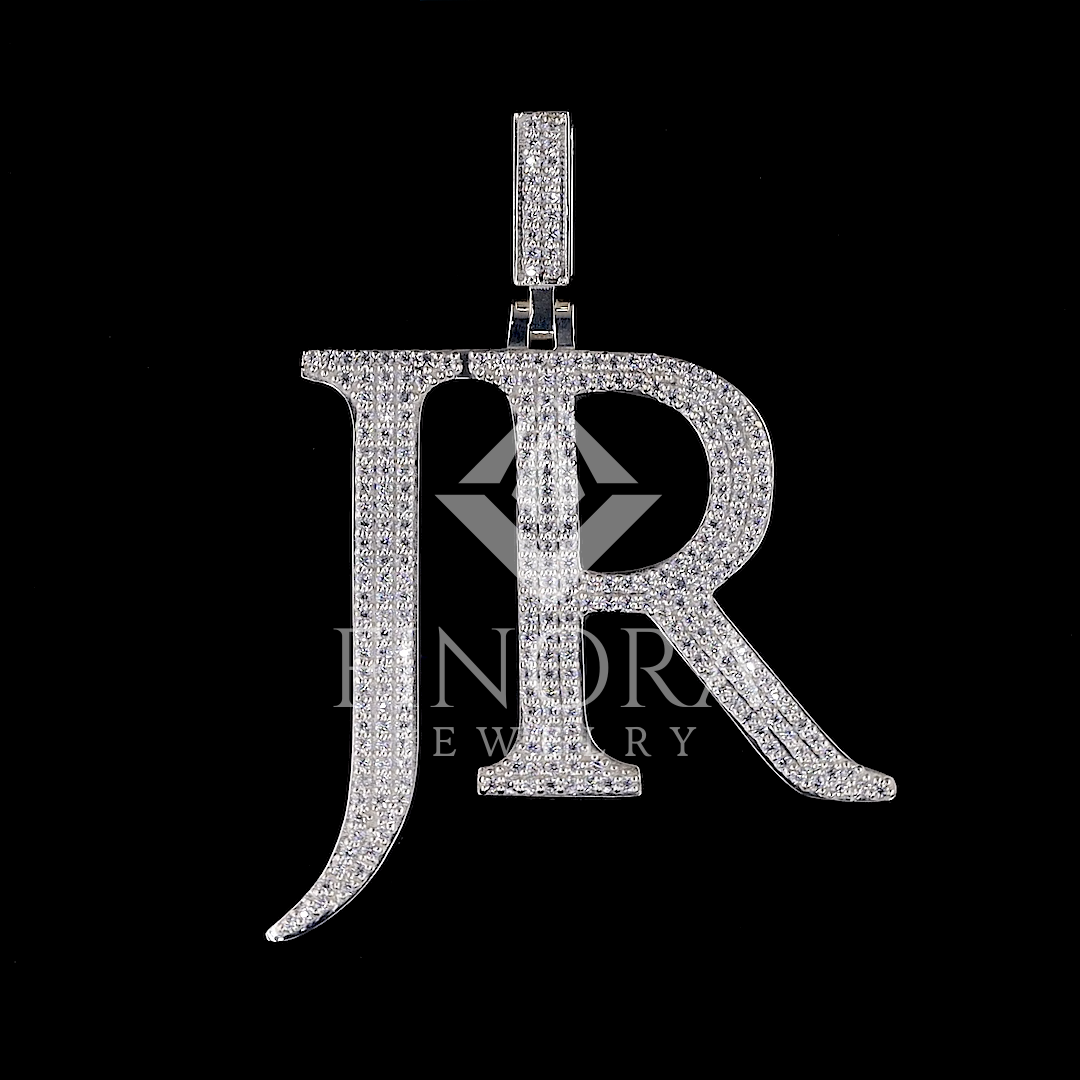 custom letter pendant in white gold finish with hand-set moissanite stones – fully iced bubble font initial charm for chains