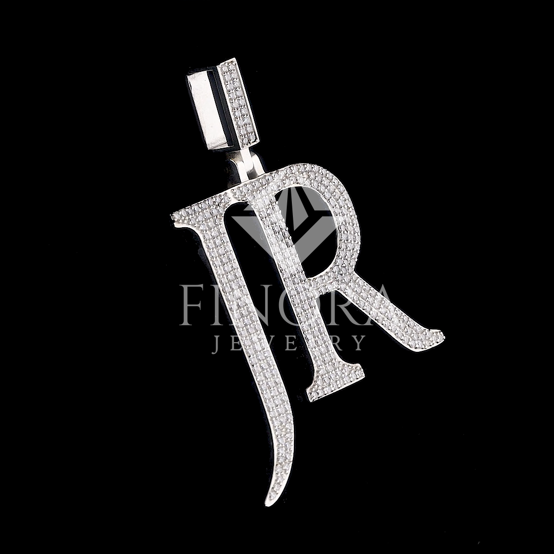 custom letter pendant in white gold finish with hand-set moissanite stones – fully iced bubble font initial charm for chains