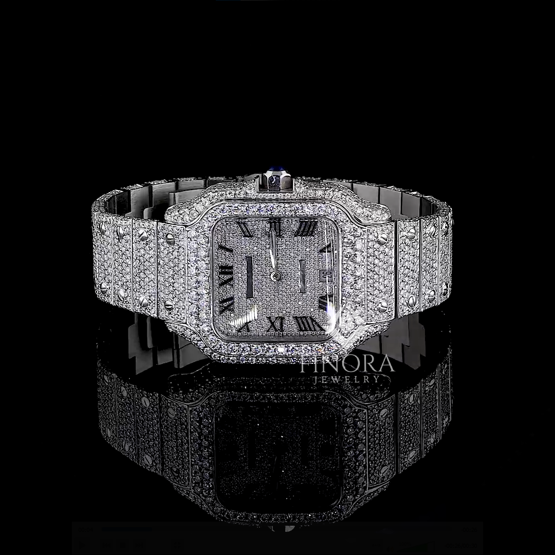41mm white gold plated fully iced square case roman dial moissanite watch