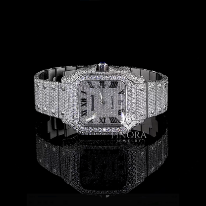 41MM White Gold Plated Fully Iced Square Case Roman Dial Moissanite Watch