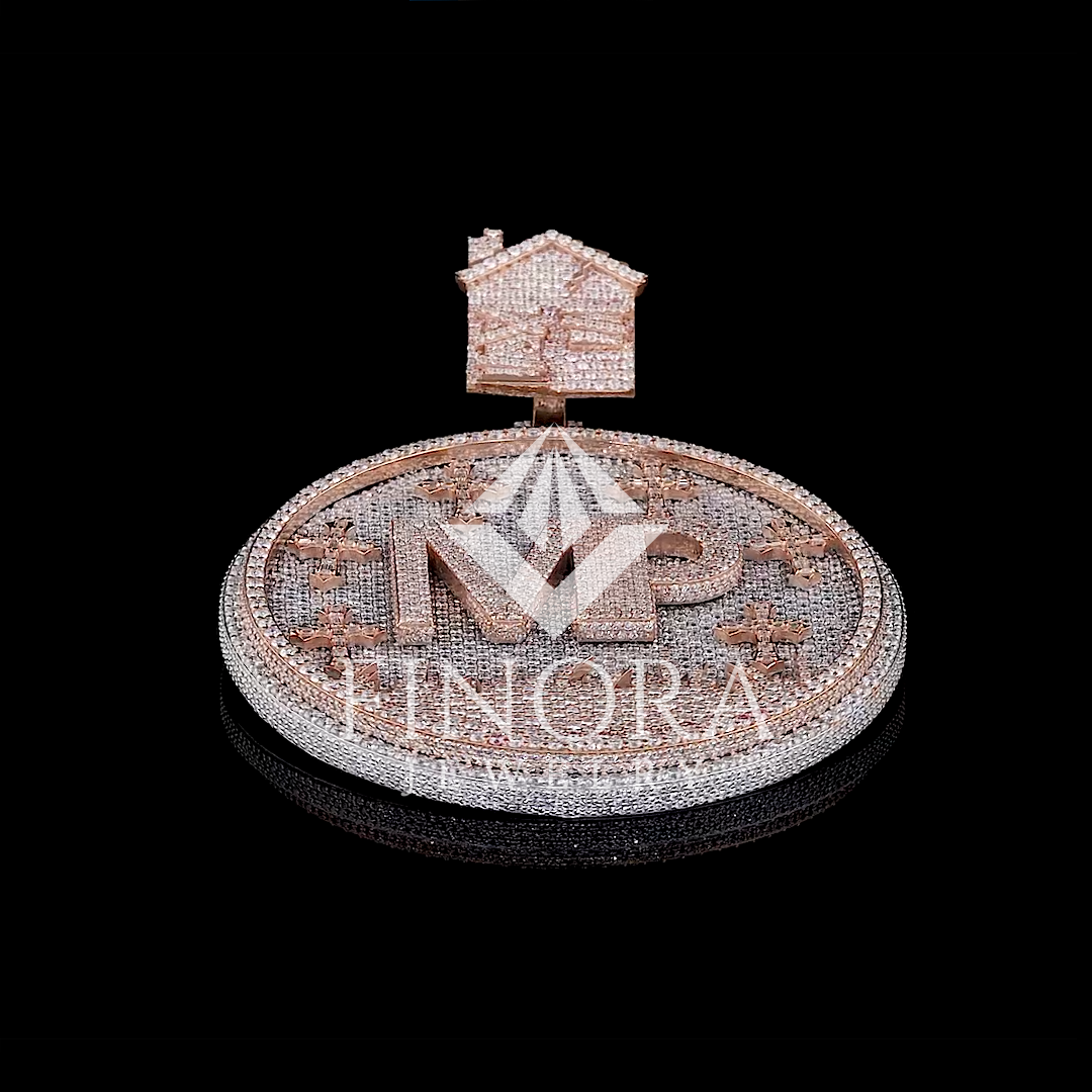 custom round pendant with fully iced rose gold finish and moissanite stones – personalized graveyard-inspired design with house bail and custom text detailing