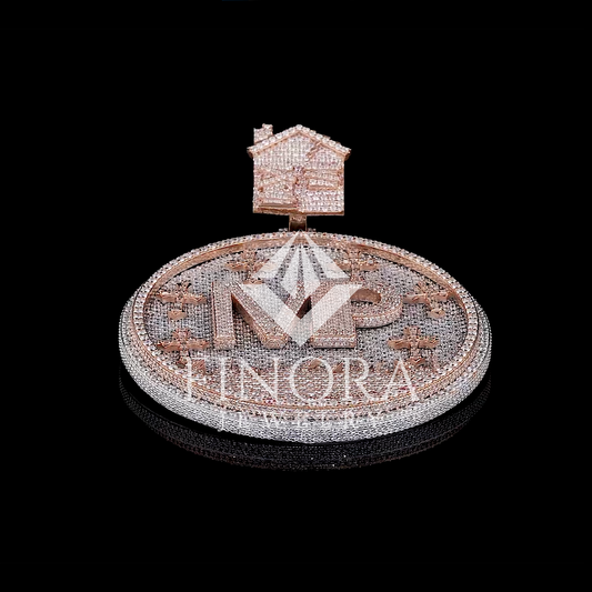 Custom Round Pendant with Fully Iced Rose Gold Finish and Moissanite Stones – Personalized Graveyard-Inspired Design with House Bail and Custom Text Detailing