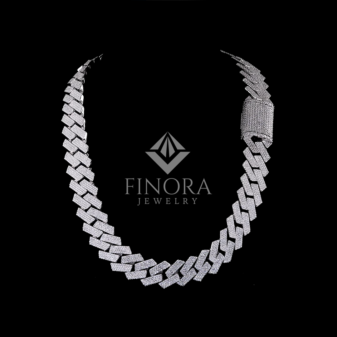 iced flat cuban link chain – white gold finish with moissanite stones & box clasp