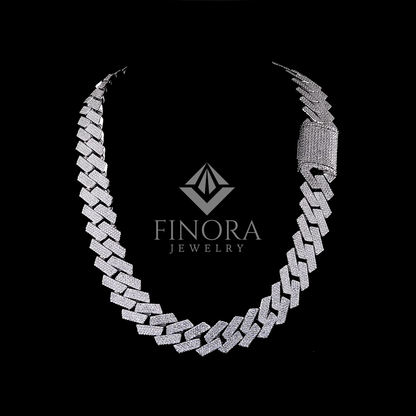 Iced Flat Cuban Link Chain – White Gold Finish with Moissanite Stones & Box Clasp