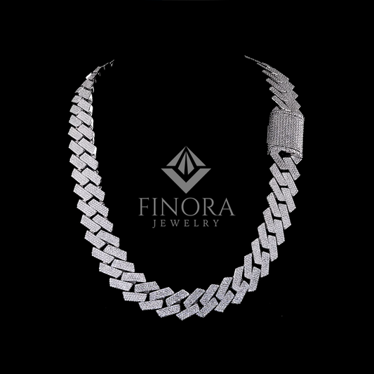 Iced Flat Cuban Link Chain – White Gold Finish with Moissanite Stones & Box Clasp