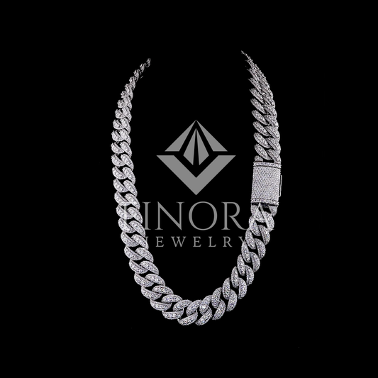 Iced Cuban Link Chain – White Gold Finish with Moissanite Stones & Box Clasp