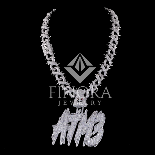Custom Name Drip Pendant on Fully Iced Cuban Link Chain – Moissanite Skull Accent Hip-Hop Necklace Set