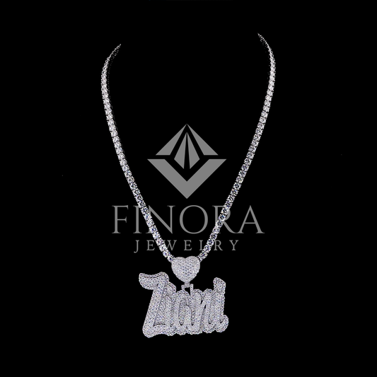 Finora Jewelry: Custom Iced-Out With Custom Name Pendant with Heart Accent on Diamond Tennis Chain