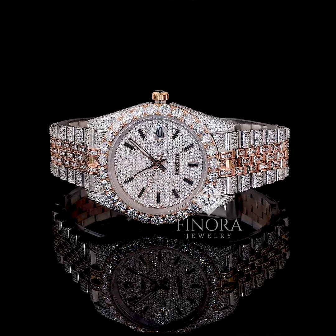 elegant 41mm two-tone fully iced out moissanite watch with white dial for men