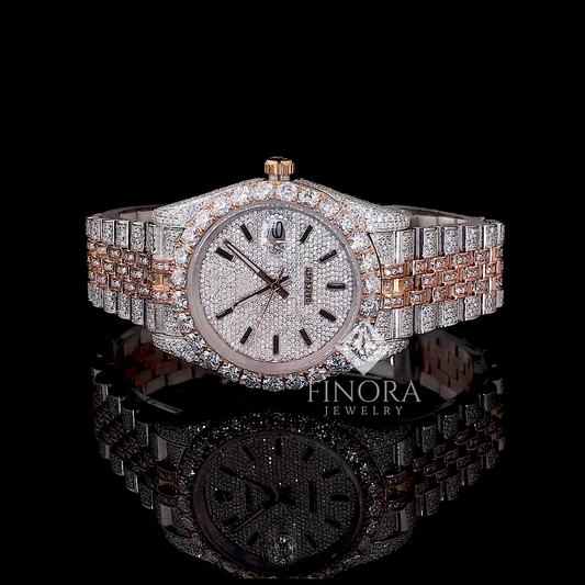 Elegant 41MM Two-Tone Fully Iced Out Moissanite Watch with White Dial for Men