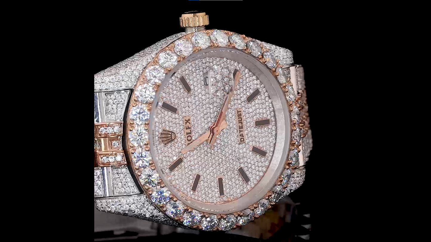 elegant 41mm two-tone fully iced out moissanite watch with white dial for men