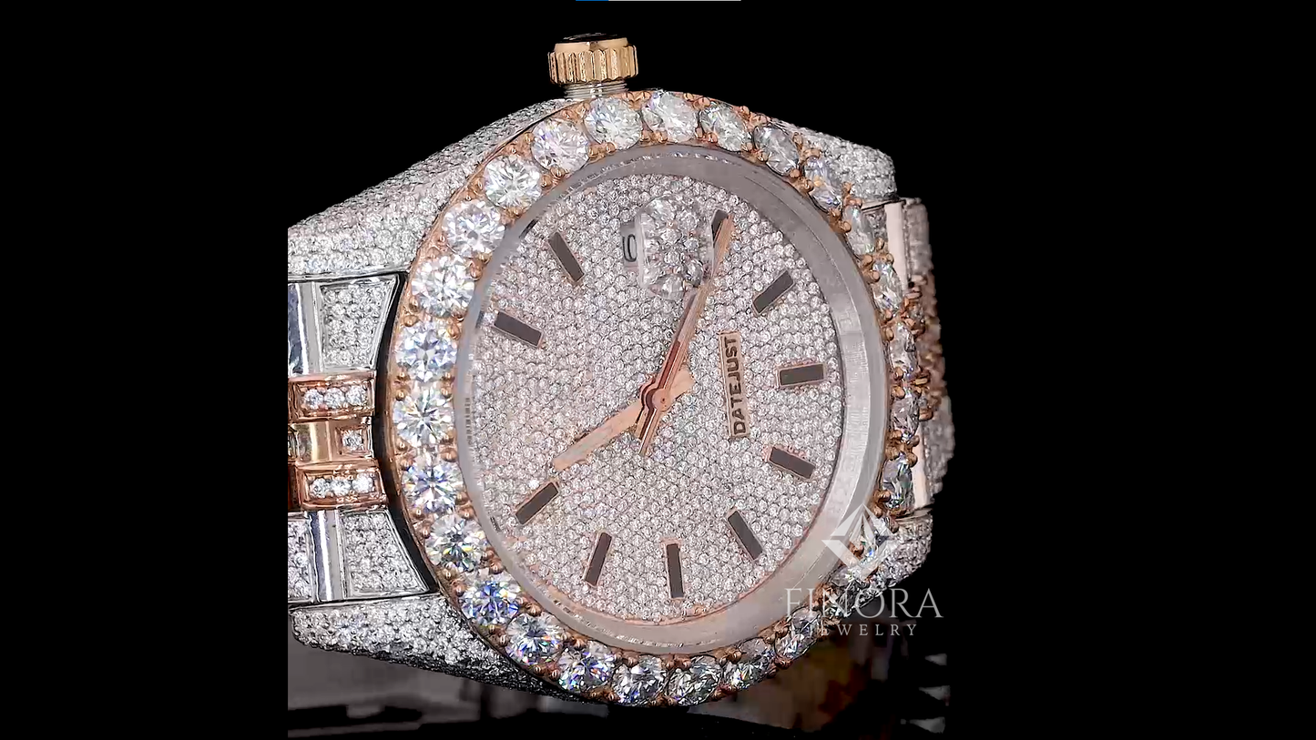 elegant 41mm two-tone fully iced out moissanite watch with white dial for men