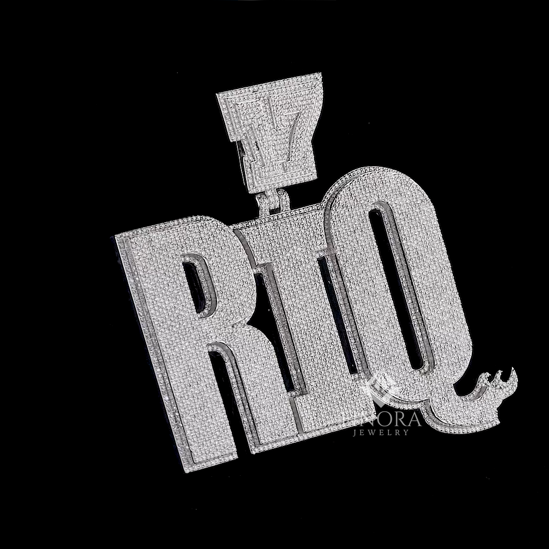 men's large iced-out custom text moissanite pendant with custom number bail by finora jewelry