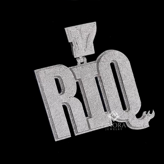 Men's Large iced-out Custom Text Moissanite Pendant with Custom Number Bail By Finora Jewelry