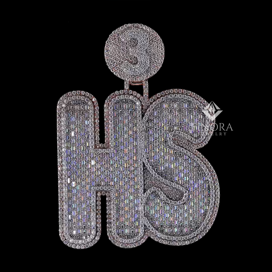 fully custom text pendant with personalized custom number bail – baguette & round diamond design