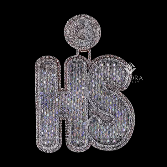 Fully Custom Text Pendant with Personalized Custom Number Bail – Baguette & Round Diamond Design