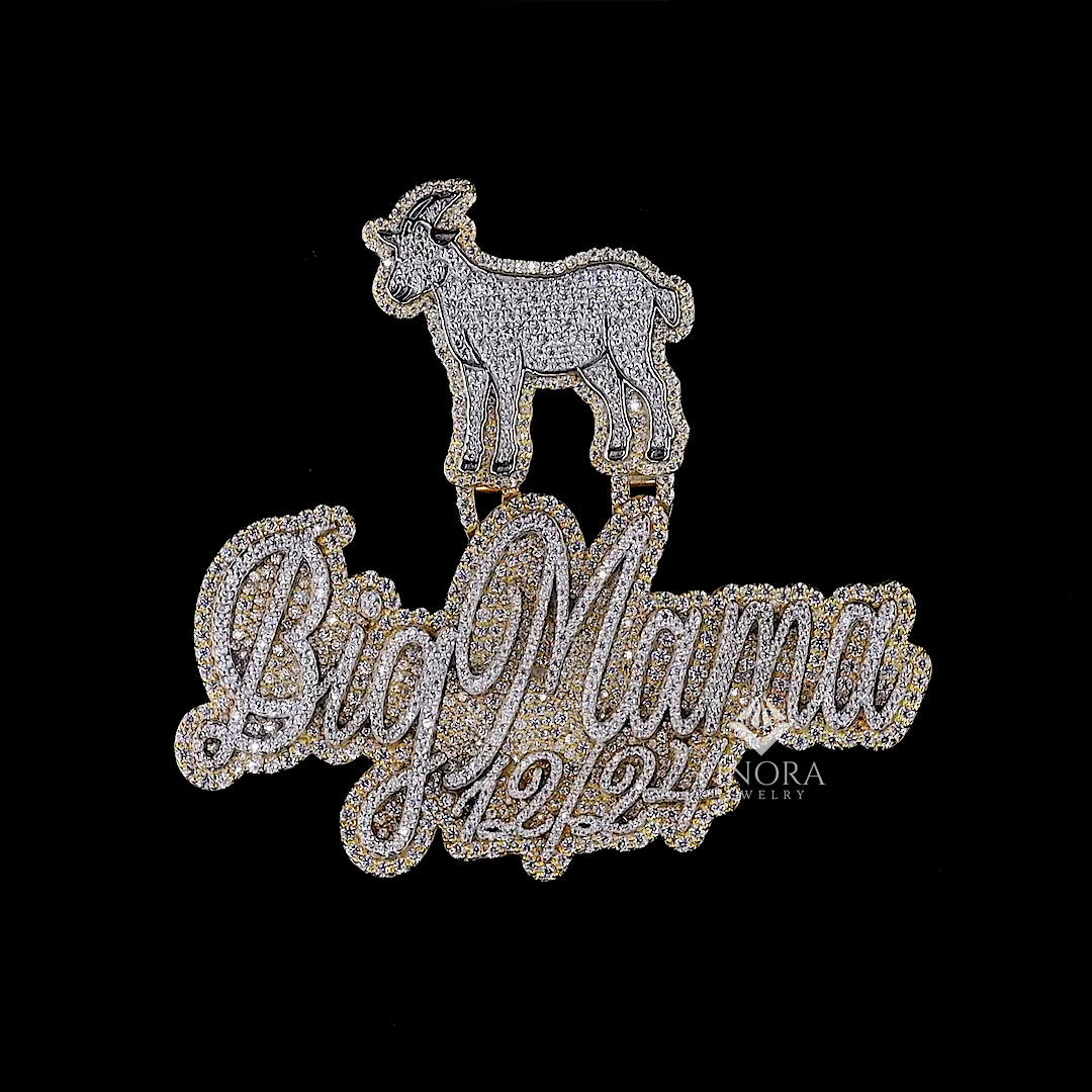 custom name 3d iced-out pendant with goat figure, date detail & two-tone gold finish