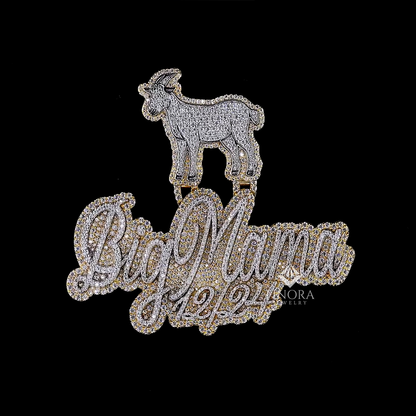 Custom Name 3D Iced-Out Pendant with Goat Figure, Date Detail & Two-Tone Gold Finish