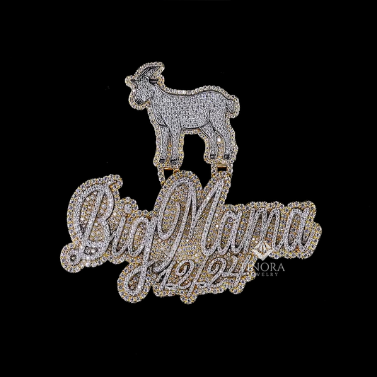 Custom Name 3D Iced-Out Pendant with Goat Figure, Date Detail & Two-Tone Gold Finish