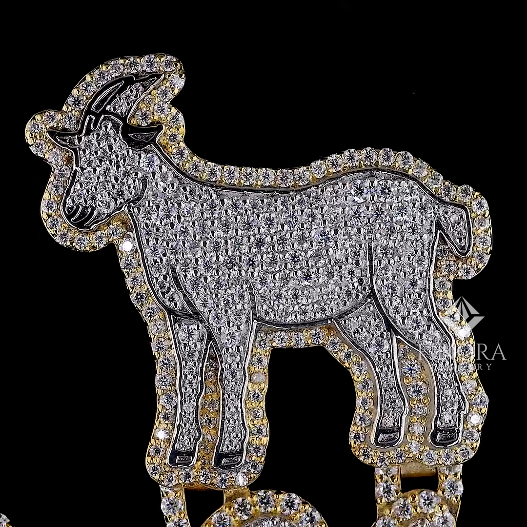 custom name 3d iced-out pendant with goat figure, date detail & two-tone gold finish