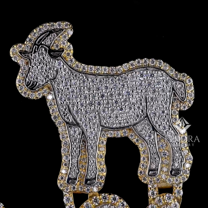 Custom Name 3D Iced-Out Pendant with Goat Figure, Date Detail & Two-Tone Gold Finish
