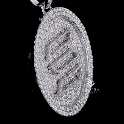 White Gold Plated Fully Iced-Out Oval Pendant with 3D  Logo & Premium Moissanite Detailing