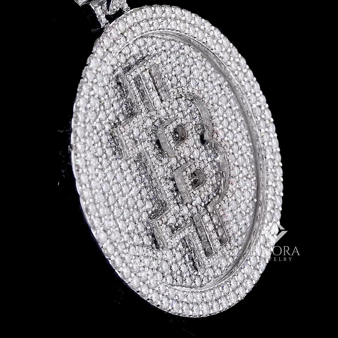 white gold plated fully iced-out oval bitcoin pendant with 3d “₿” logo & moissanite stones