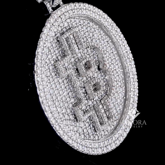 White Gold Plated Fully Iced-Out Oval Bitcoin Pendant with 3D “₿” Logo & Moissanite Stones