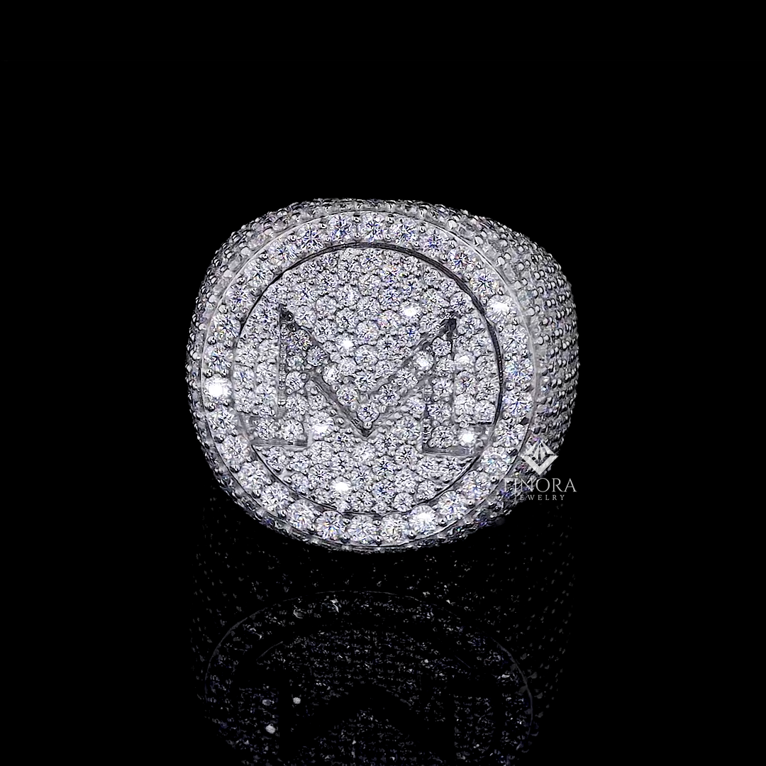custom initial letter iced-out ring – micro pave setting by finora jewelry
