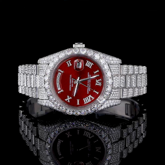 Deluxe 41MM Roman Numeral Red Dial Fully Iced Out Moissanite Watch for Men