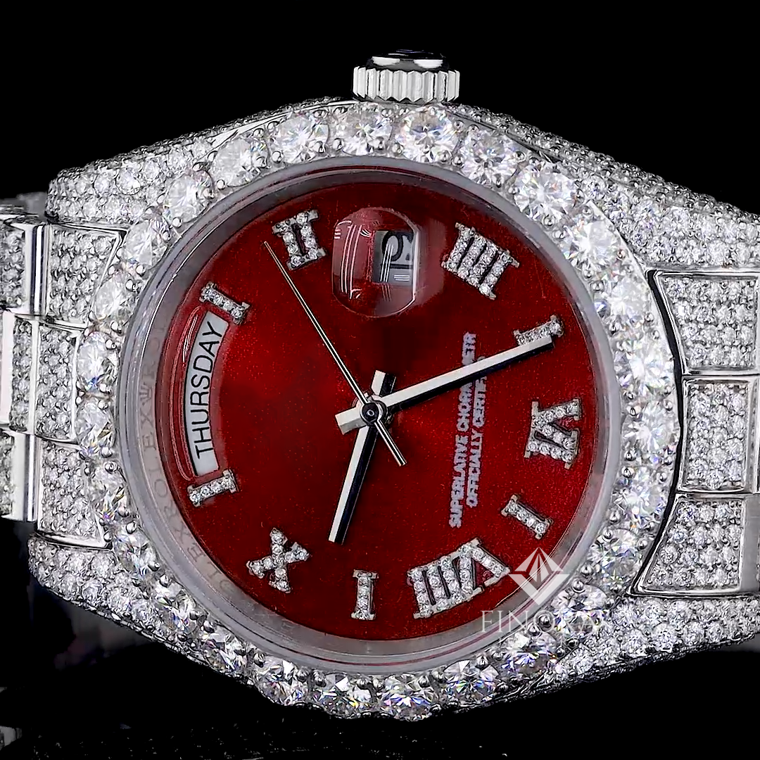 deluxe 41mm roman numeral red dial fully iced out moissanite watch for men