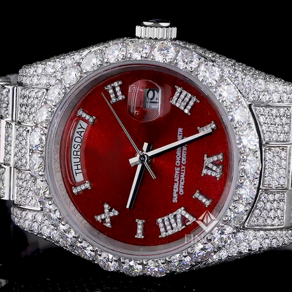 Deluxe 41MM Roman Numeral Red Dial Fully Iced Out Moissanite Watch for Men
