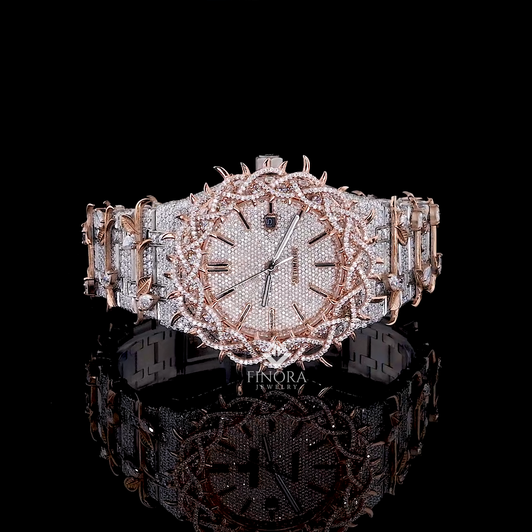 41mm two-tone white & rose gold plated fully iced-out moissanite watch