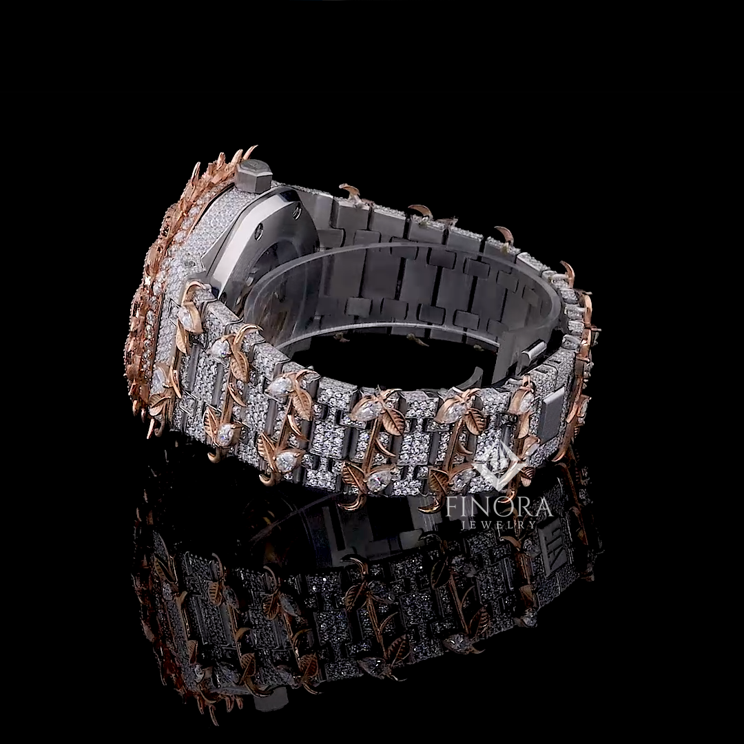 41mm two-tone white & rose gold plated fully iced-out moissanite watch