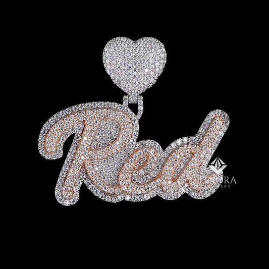 Custom Text Diamond Script Pendant with Heart Bail – Two-Tone Shine by Finora Jewelry
