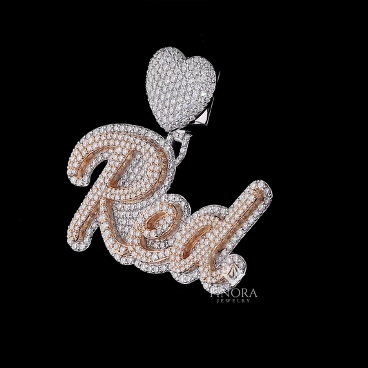 Custom Text Diamond Script Pendant with Heart Bail – Two-Tone Shine by Finora Jewelry