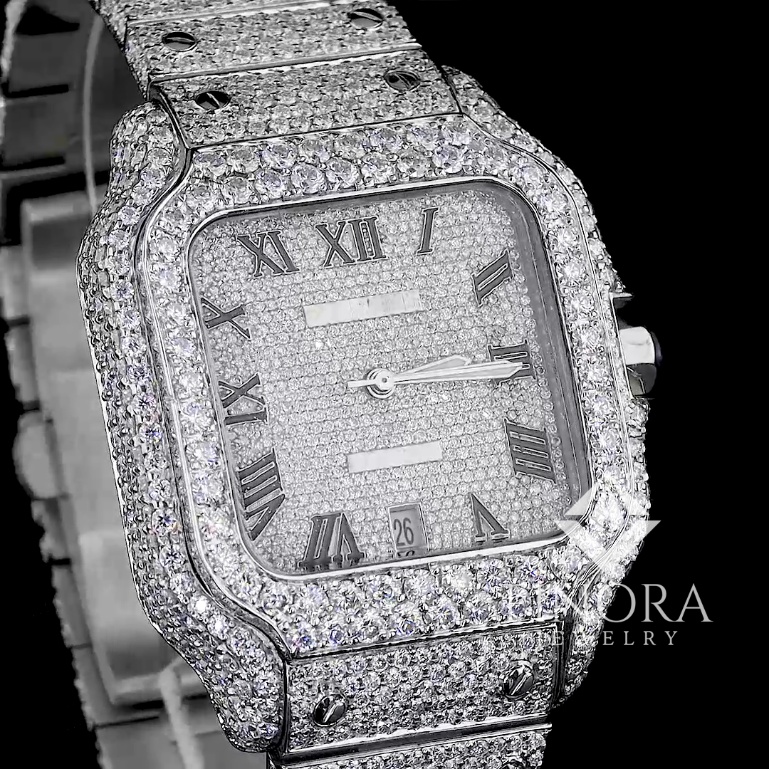 41mm white gold plated fully iced square case roman dial moissanite watch