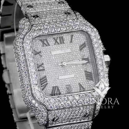 41MM White Gold Plated Fully Iced Square Case Roman Dial Moissanite Watch