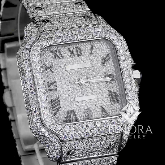 41MM White Gold Plated Fully Iced Square Case Roman Dial Moissanite Watch