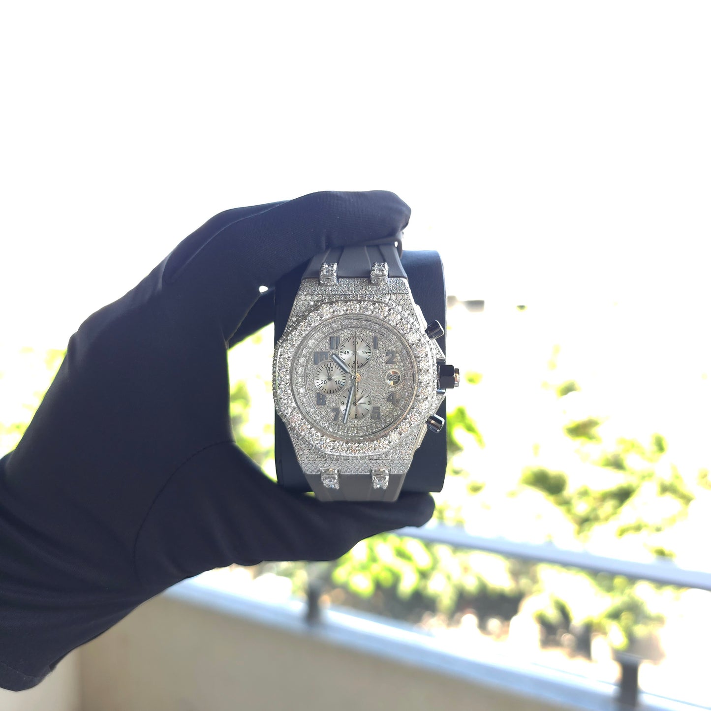 men’s iced out chronograph watch | full white | grey rubber strap | luxury sport watch