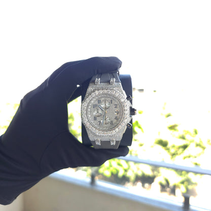 Men’s Iced Out Chronograph Watch | Full White | Grey Rubber Strap | Luxury Sport Watch