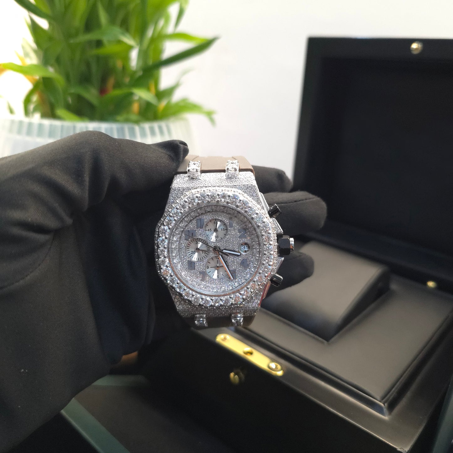 men’s iced out chronograph watch | full white | grey rubber strap | luxury sport watch