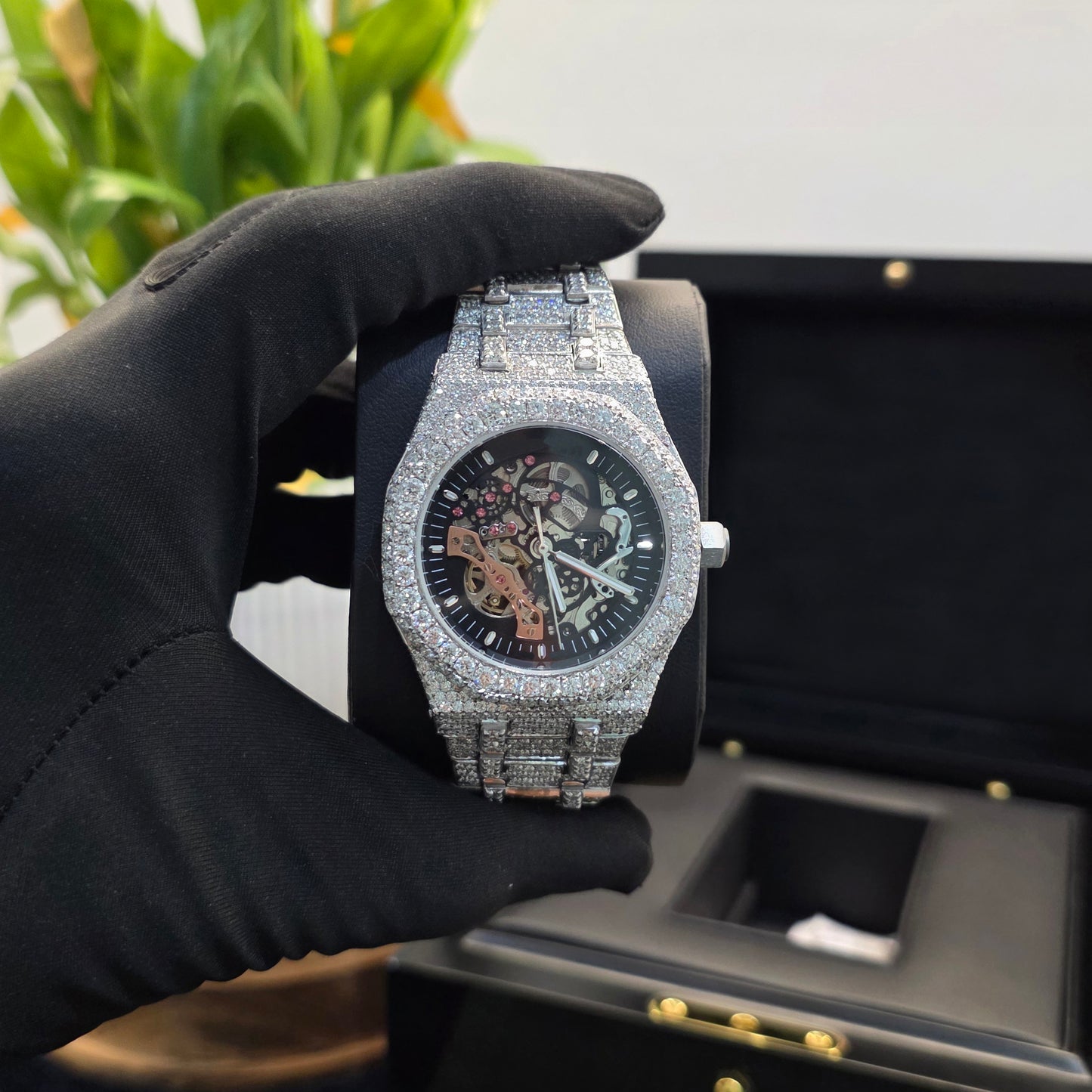 moissanite skeleton watch | 41mm | white | bust down | iceout watch